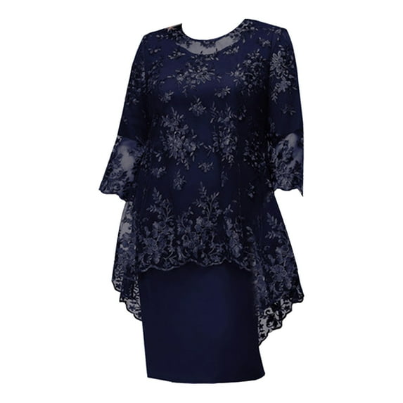 Eandarui Women Plus Size Formal Dress for Mother of The Bride Dress Floral Lace Cover Up Elegant Navy Blue M