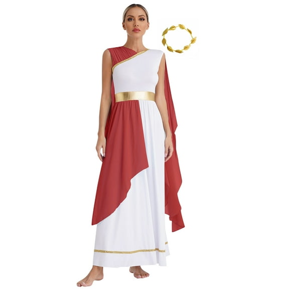 Eandarui Women Roman Greek Costume Toga with Athenian Crown Ancient Queen Princess Robe Fancy Dress Burgundy L