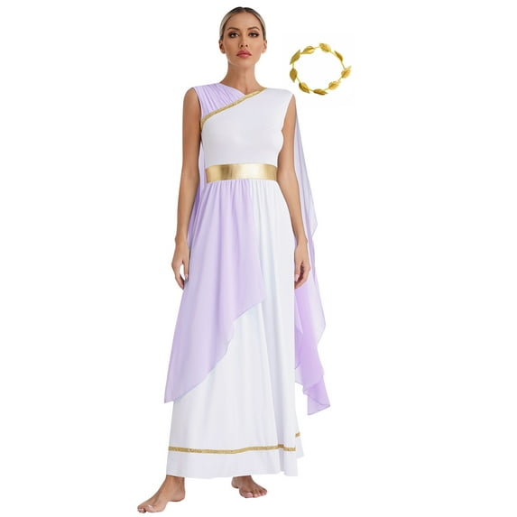 Eandarui Women Roman Greek Costume Toga with Athenian Crown Ancient Queen Princess Robe Fancy Dress Lavender L