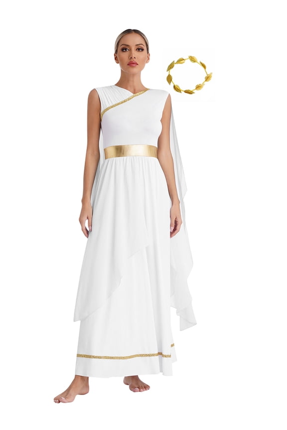 Women Roman Greek Costume Toga with Athenian Crown Ancient Queen Princess Robe Fancy Dress White XL