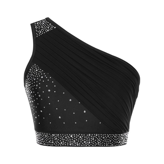 Eandarui Women Shiny Lyrical Dance Top One Shoulder Crop Top Lady Modern Contemporary Dancewear Black M