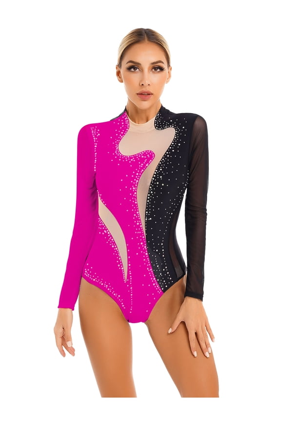 Women Shiny Sequins Gymnastics Leotard Color Block Mesh Patchwork Acrobatics Performance Black&Rose S