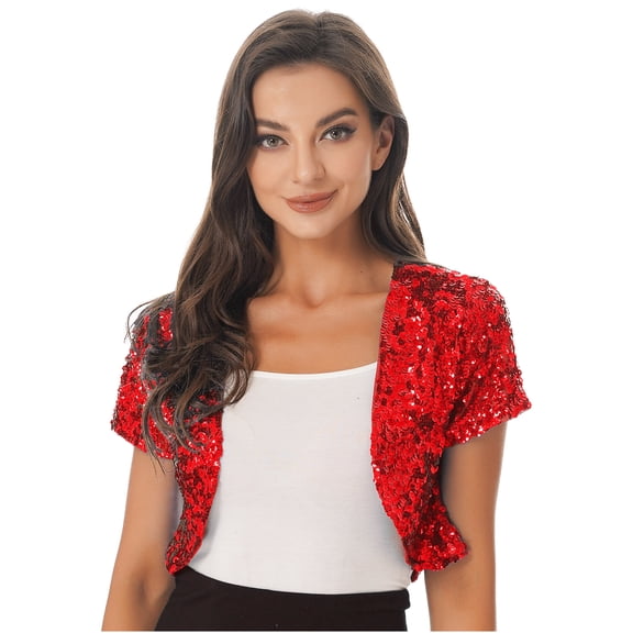 Eandarui Women Shiny Sequins Short Sleeves Blazer Coat Casual Chemise Open Front Jacket Party Wear Red One Size