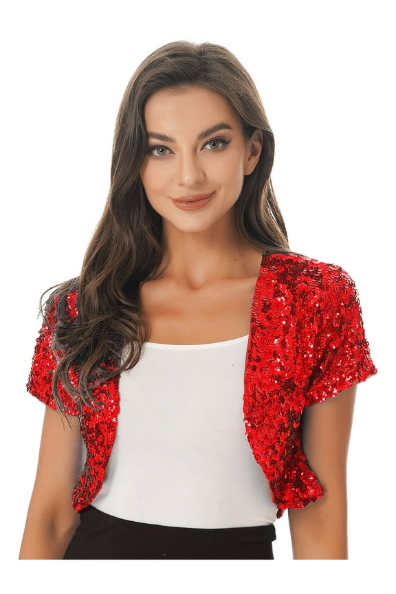 Women Shiny Sequins Short Sleeves Blazer Coat Casual Chemise Open Front Jacket Party Wear Red One Size
