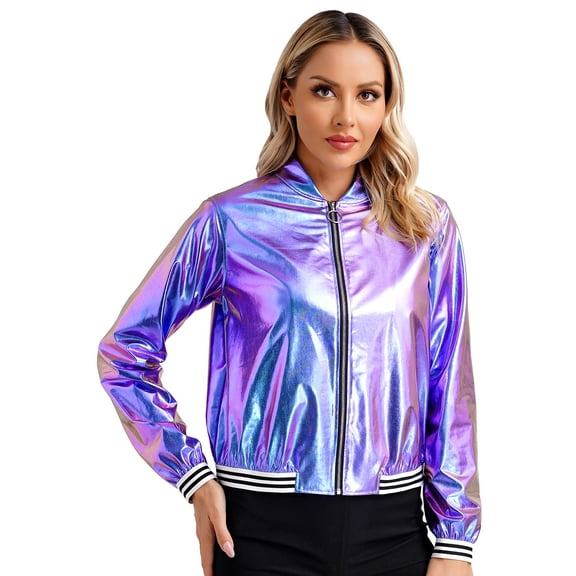 Eandarui Women Sparkly Bomber Jacket Metallic Holographic Front Zipper Shiny Baseball Jacket Coat Blue 3XL
