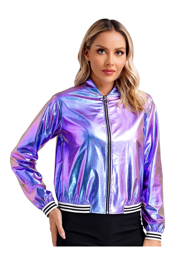 Women Sparkly Bomber Jacket Metallic Holographic Front Zipper Shiny Baseball Jacket Coat Blue L