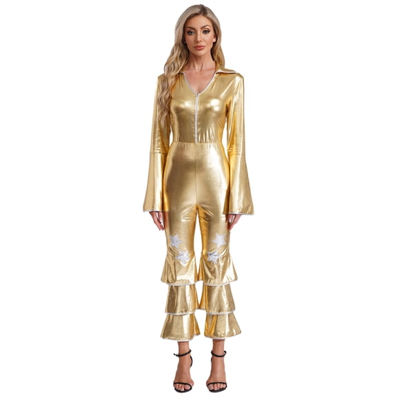 Eandarui Women's 70s Disco Dance Jumpsuit Shiny Hippie Disco Costume Metallic Singer Movie Star Gold 3XL