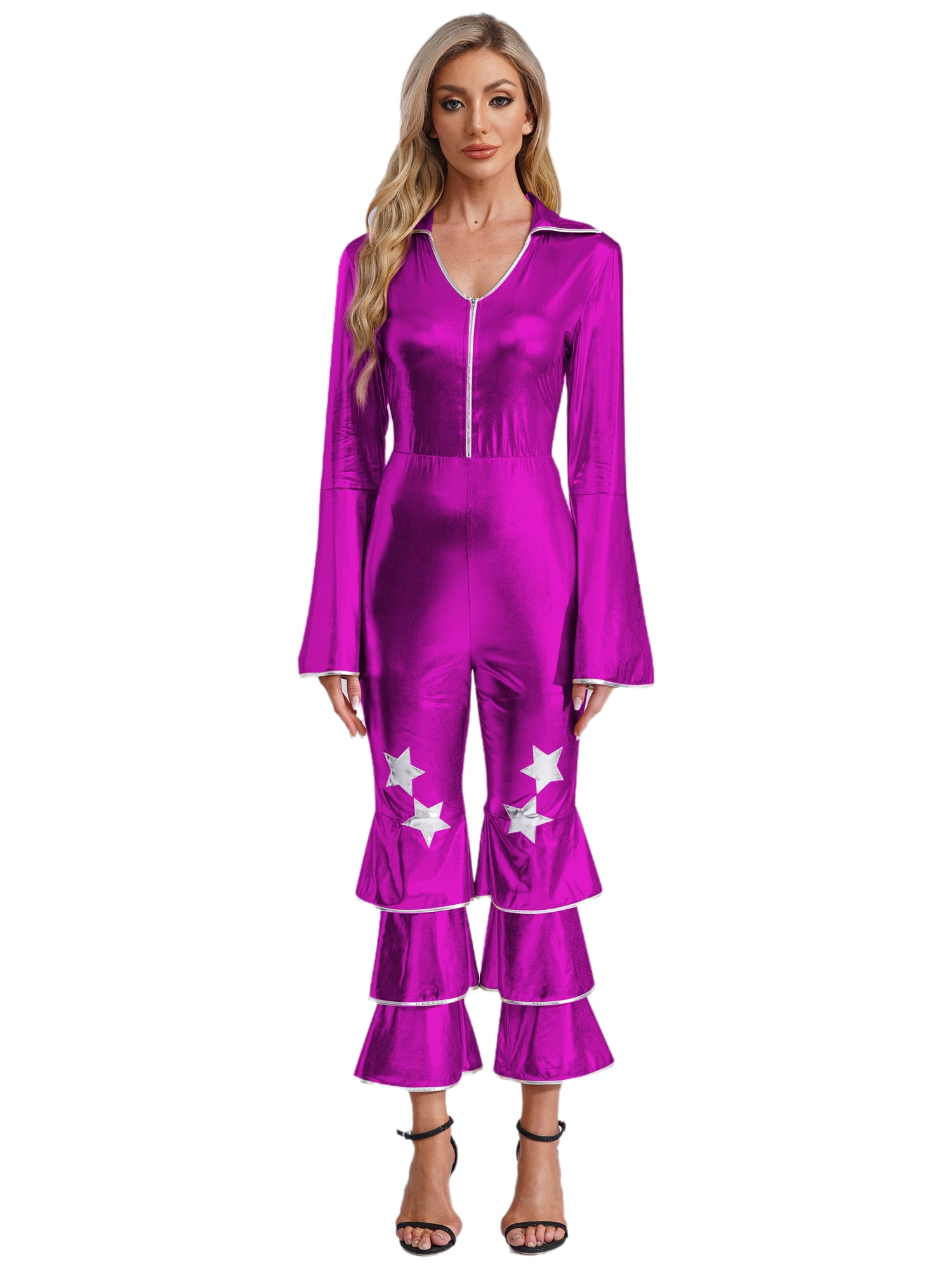 Eandarui Women's 70s Disco Dance Jumpsuit Shiny Hippie Disco Costume ...