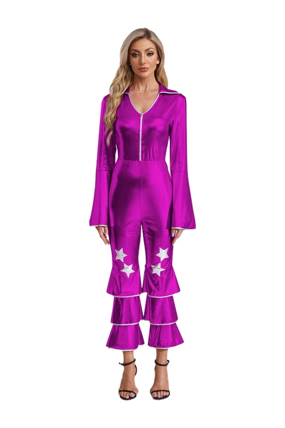 Women's 70s Disco Dance Jumpsuit Shiny Hippie Disco Costume Metallic Singer Movie Star Purple XL