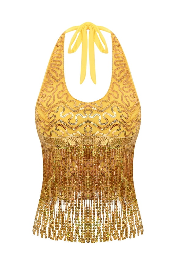 Women's Belly Dance Crop Top Shiny Sequin Fringe Halter Neck Backless Vest Top Clubwear Gold One Size