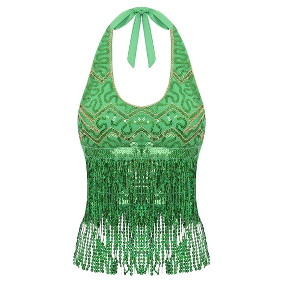 Eandarui Women's Belly Dance Crop Top Shiny Sequin Fringe Halter Neck Backless Vest Top Clubwear Green One Size