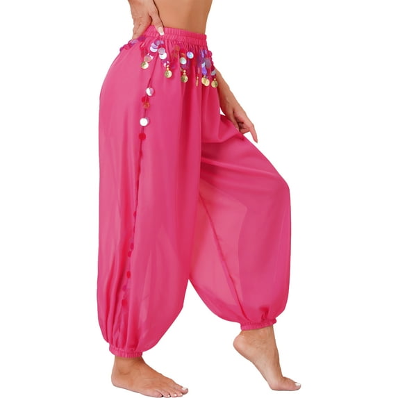 Eandarui Women's Belly Dance Harem Pants Shiny Sequin Coin Trouser Arabic Performance Loose Pants Hot Pink One Size