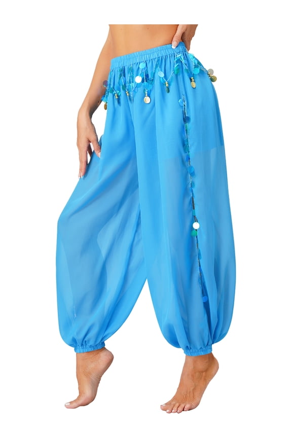 Women's Belly Dance Harem Pants Shiny Sequin Coin Trouser Arabic Performance Loose Pants Sky Blue One Size