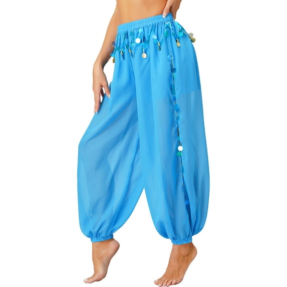 Eandarui Women's Belly Dance Harem Pants Shiny Sequin Coin Trouser Arabic Performance Loose Pants Sky Blue One Size