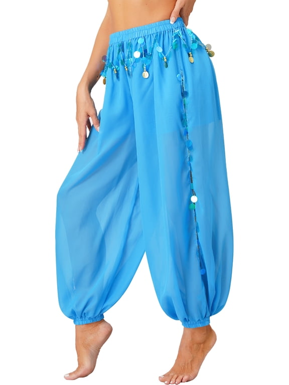 Women's Belly Dance Harem Pants Shiny Sequin Coin Trouser Arabic Performance Loose Pants Sky Blue One Size