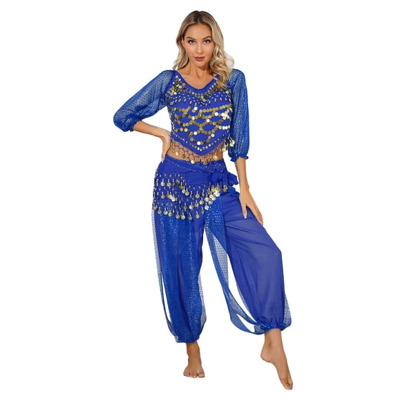 Eandarui Women's Belly Dance Outfit Performance Bollywood Indian Dancing Costume Crop Blue One Size