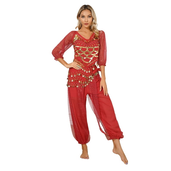 Eandarui Women's Belly Dance Outfit Performance Bollywood Indian Dancing Costume Crop Red One Size
