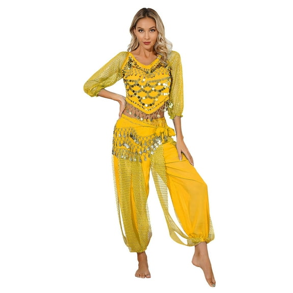 Eandarui Women's Belly Dance Outfit Performance Bollywood Indian Dancing Costume Crop Yellow One Size