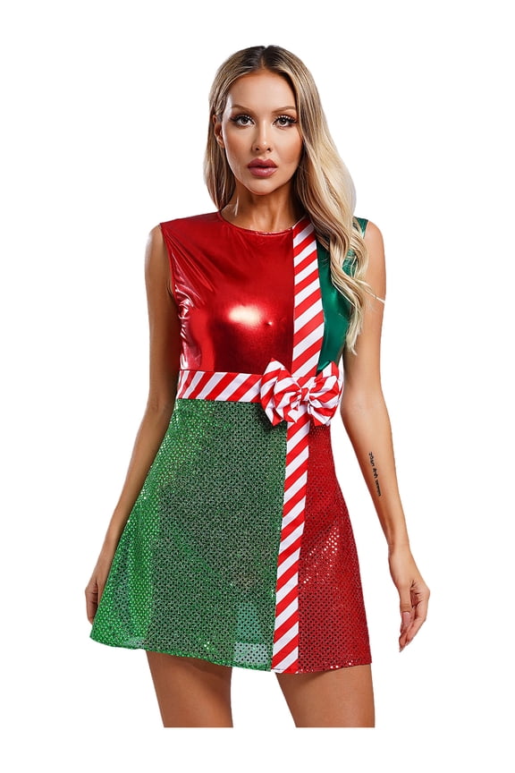 Women's Christmas Sequins Bowknot Adorned Elf Costume Dress Mrs Santa Claus Party Outfit Red XL
