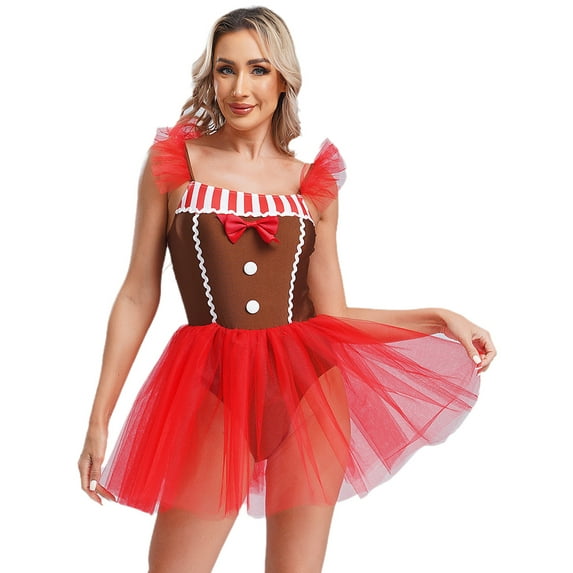 Eandarui Women's Christmas Square Neck Gingerbread Man Dress Santa Flying Sleeve Ballet Tutu Dancewear Brown XL