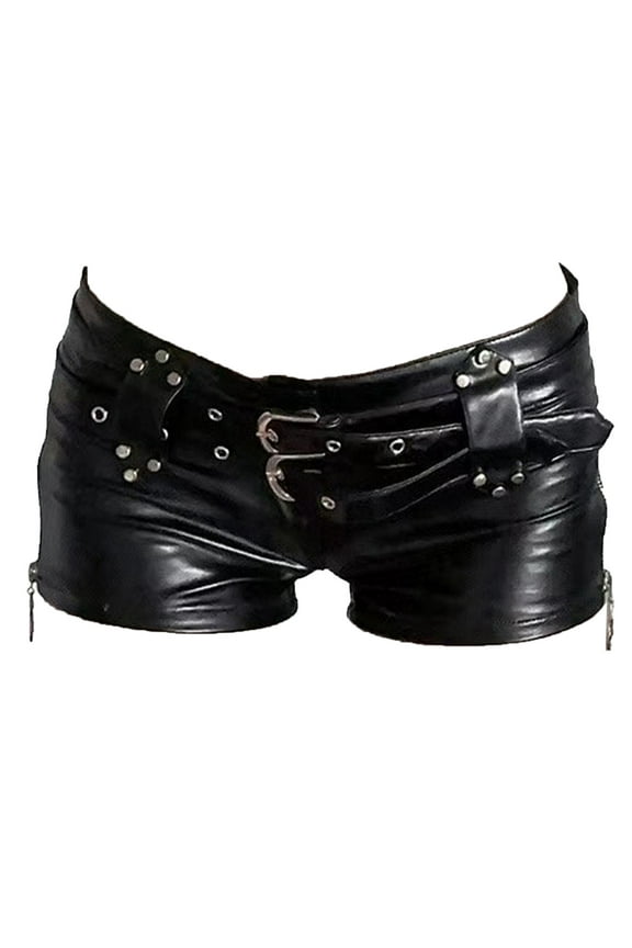 Women's Faux Leather Low Waist Skinny Shorts Wide Straight Leg Mini Short Party Club Bottom Black XL
