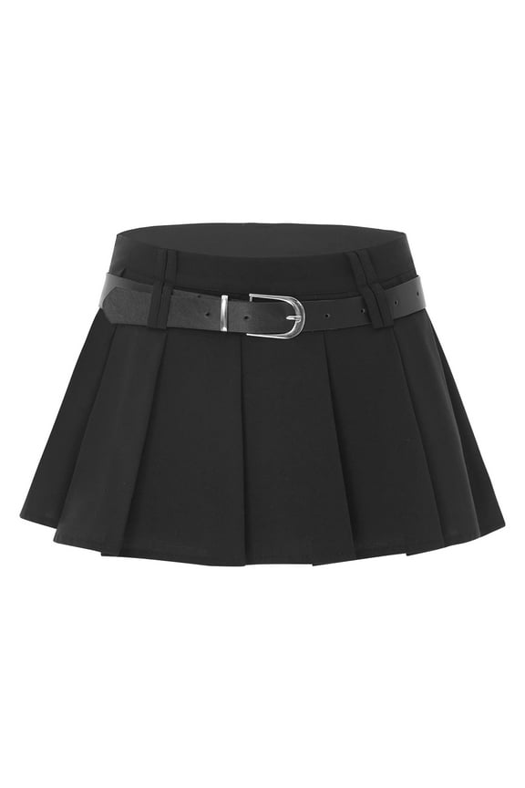 Women's High Waist Pleated Mini Skirt Party Club JK Uniform A-Line Short Skirt with Belt Black 5XL