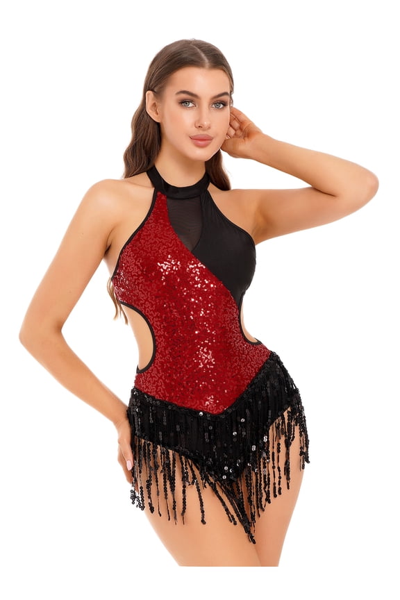 Women's Latin Dance Dress Sequins Tassel Dress Salsa Cha-Cha Rumba Ballroom Fringe Bodysuit Burgundy XL