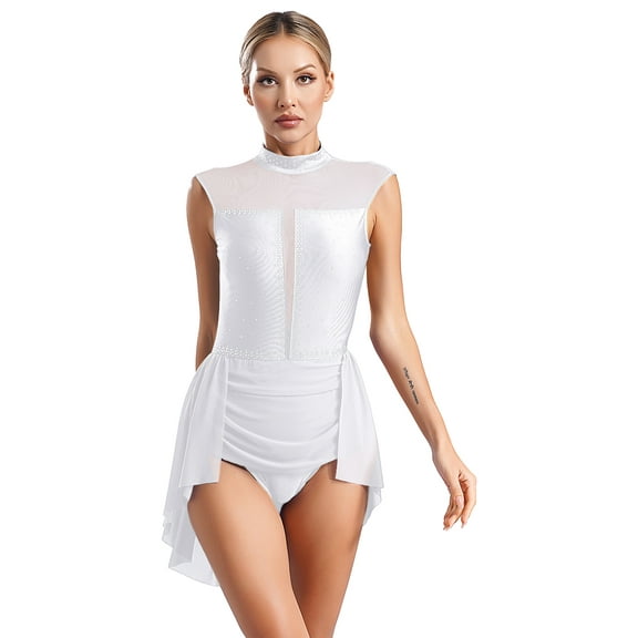 Eandarui Women's Lyrical Dance Costume Sparkly Rhinestones Asymmetrical Mesh Flowy Leotard Skirt Ice White S