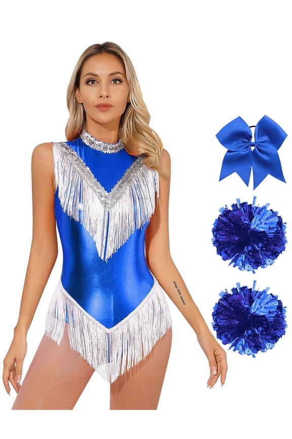 Women's Metallic Dance Outfits for Cheer Leader Uniform Stage Performance Cheerleading Blue S