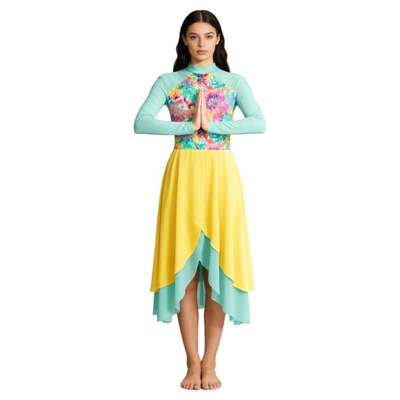 Eandarui Women's Praise Dance Dress Printed Long Sleeve Liturgical Worship Church Lyrical Dance Costume Yellow XL