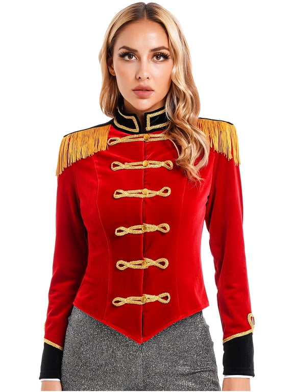 Women's Ring Master Jacket Circus Marching Band Uniform Outfit Long Sleeve Velvet Outerwear Red M
