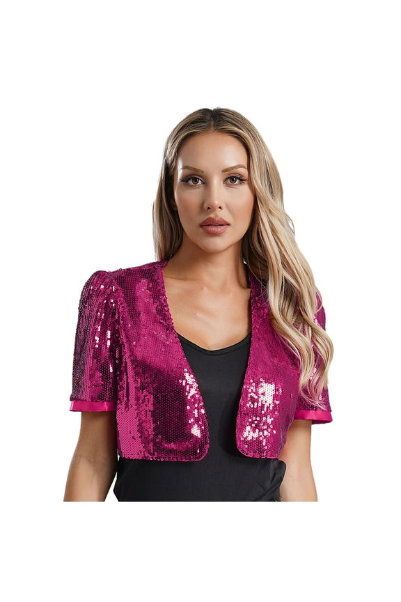Women's Sequin Jacket Sparkly Party Short Sleeve Open Front Crop Bolero Shrug Cardigan Hot Pink XXL