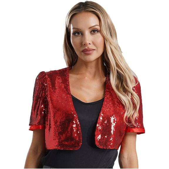 Eandarui Women's Sequin Jacket Sparkly Party Short Sleeve Open Front Crop Bolero Shrug Cardigan Red S