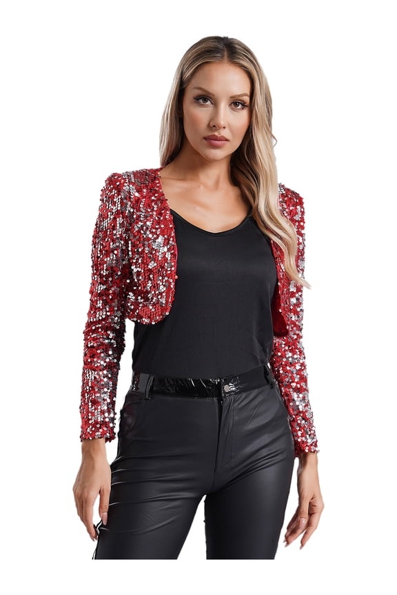 Women's Sequin Shrug Bolero Long Sleeve Cropped Blazer Open Front Sparkly Cardigan Jacket Red M