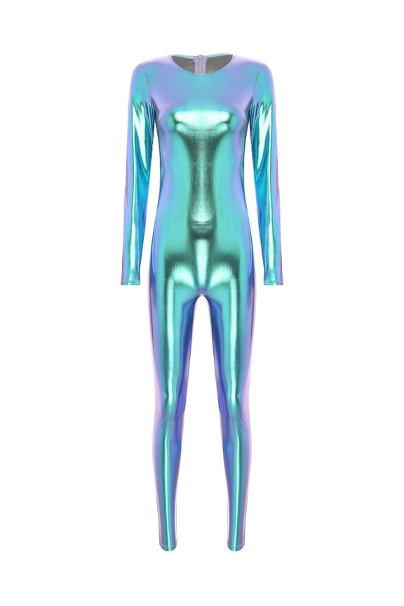 Women's Shiny Liquid Full Body Suits Unitard Back Zipper Catsuit Stretchy Costume Jumpsuits Blue M