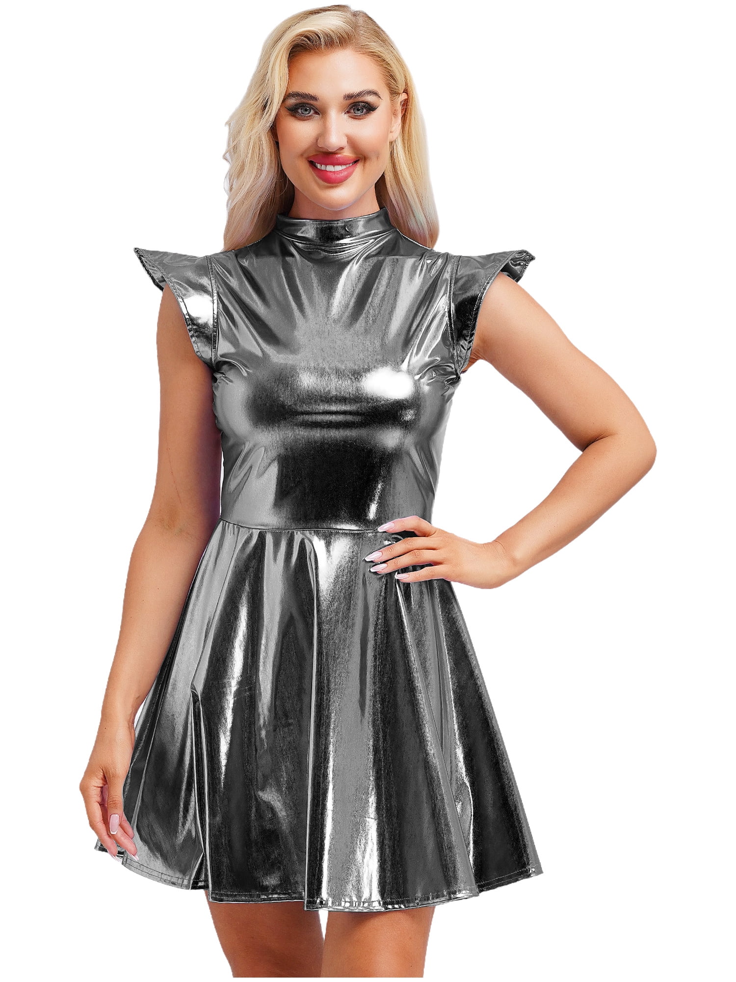 metallic cap sleeve dress Eandarui Women's Shiny Metallic Cap Sleeve High Waist Club Party Disco  Holographic Dress Pink L