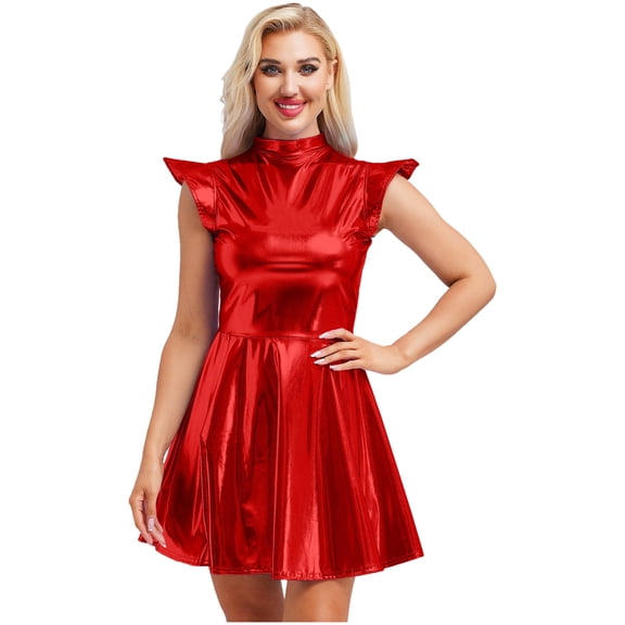 Eandarui Women's Shiny Metallic Cap Sleeve High Waist Club Party Disco Holographic Dress Red XL