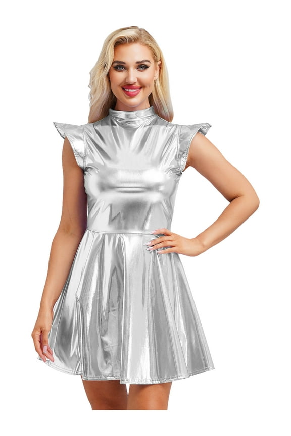 Women's Shiny Metallic Cap Sleeve High Waist Club Party Disco Holographic Dress Silver M
