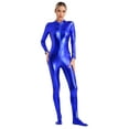 thumbnail image 1 of Eandarui Women's Shiny Metallic Unitard Turtleneck Long Sleeve Footed Zentai Suit Catsuit Dancewear Blue S, 1 of 7