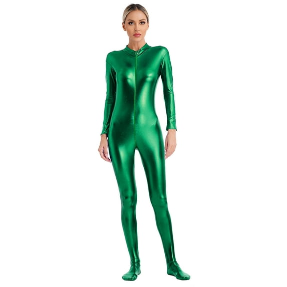 Eandarui Women's Shiny Metallic Unitard Turtleneck Long Sleeve Footed Zentai Suit Catsuit Dancewear Green S