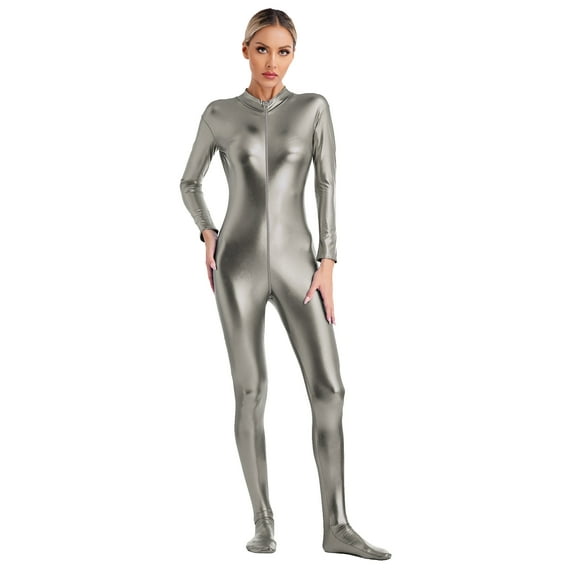 Eandarui Women's Shiny Metallic Unitard Turtleneck Long Sleeve Footed Zentai Suit Catsuit Dancewear Grey 3XL