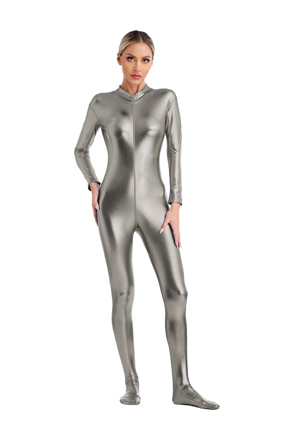Women's Shiny Metallic Unitard Turtleneck Long Sleeve Footed Zentai Suit Catsuit Dancewear Grey XXL