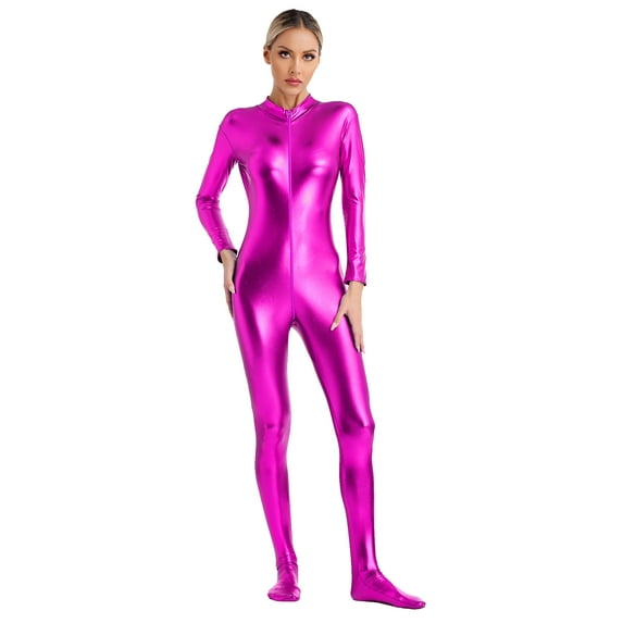 Eandarui Women's Shiny Metallic Unitard Turtleneck Long Sleeve Footed Zentai Suit Catsuit Dancewear Hot Pink XXL