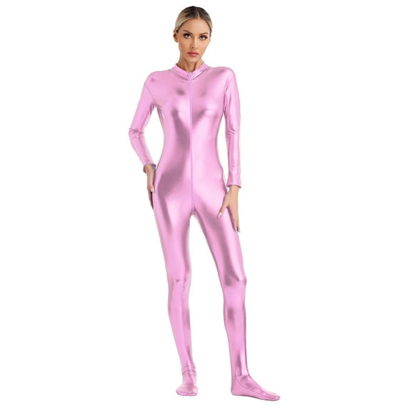 Eandarui Women's Shiny Metallic Unitard Turtleneck Long Sleeve Footed Zentai Suit Catsuit Dancewear Pink S