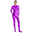 thumbnail image 1 of Eandarui Women's Shiny Metallic Unitard Turtleneck Long Sleeve Footed Zentai Suit Catsuit Dancewear Purple 3XL, 1 of 7