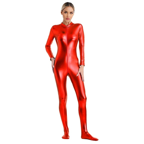 Eandarui Women's Shiny Metallic Unitard Turtleneck Long Sleeve Footed Zentai Suit Catsuit Dancewear Red L