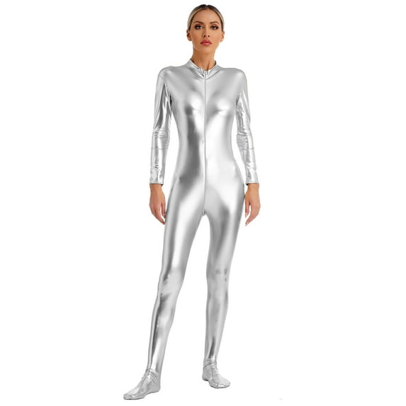 Eandarui Women's Shiny Metallic Unitard Turtleneck Long Sleeve Footed Zentai Suit Catsuit Dancewear Silver M