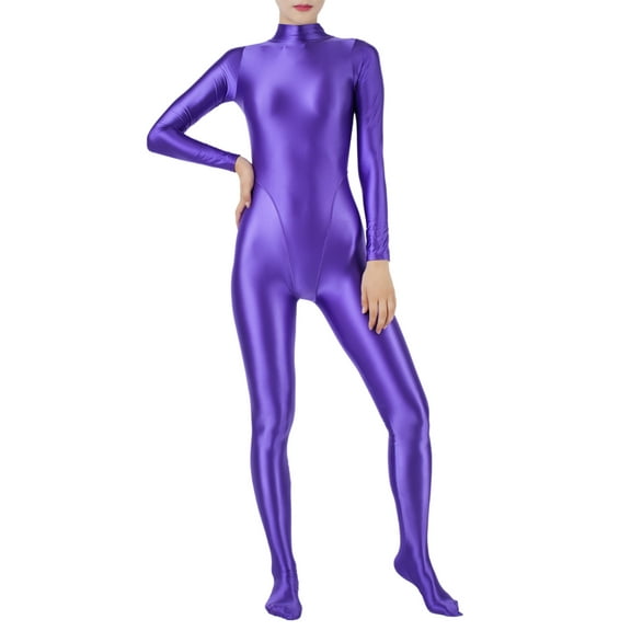 Eandarui Women's Shiny Oil Glossy Body Stocking Yoga One Piece Stretchy Back Zipper Full Jumpsuit Purple L