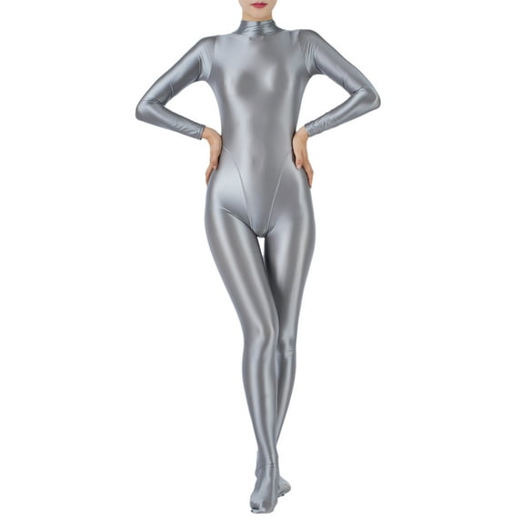 Eandarui Women's Shiny Oil Glossy Body Stocking Yoga One Piece Stretchy Back Zipper Full Jumpsuit Silver L