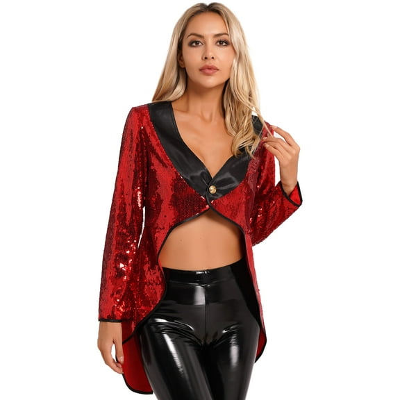 Eandarui Women's Sparkle Sequin Magician Tailcoat Costume Halloween Party Costume Jacket Red XL